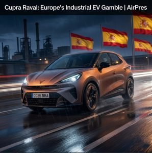 Cupra Raval electric vehicle driving on a wet urban street at night, showcasing its sharp LED headlights and compact design