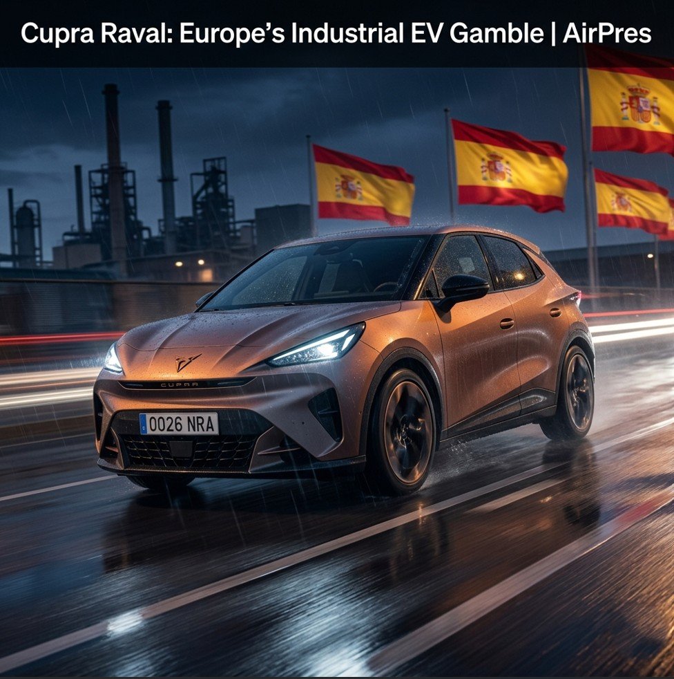 Cupra Raval electric vehicle driving on a wet urban street at night, showcasing its sharp LED headlights and compact design