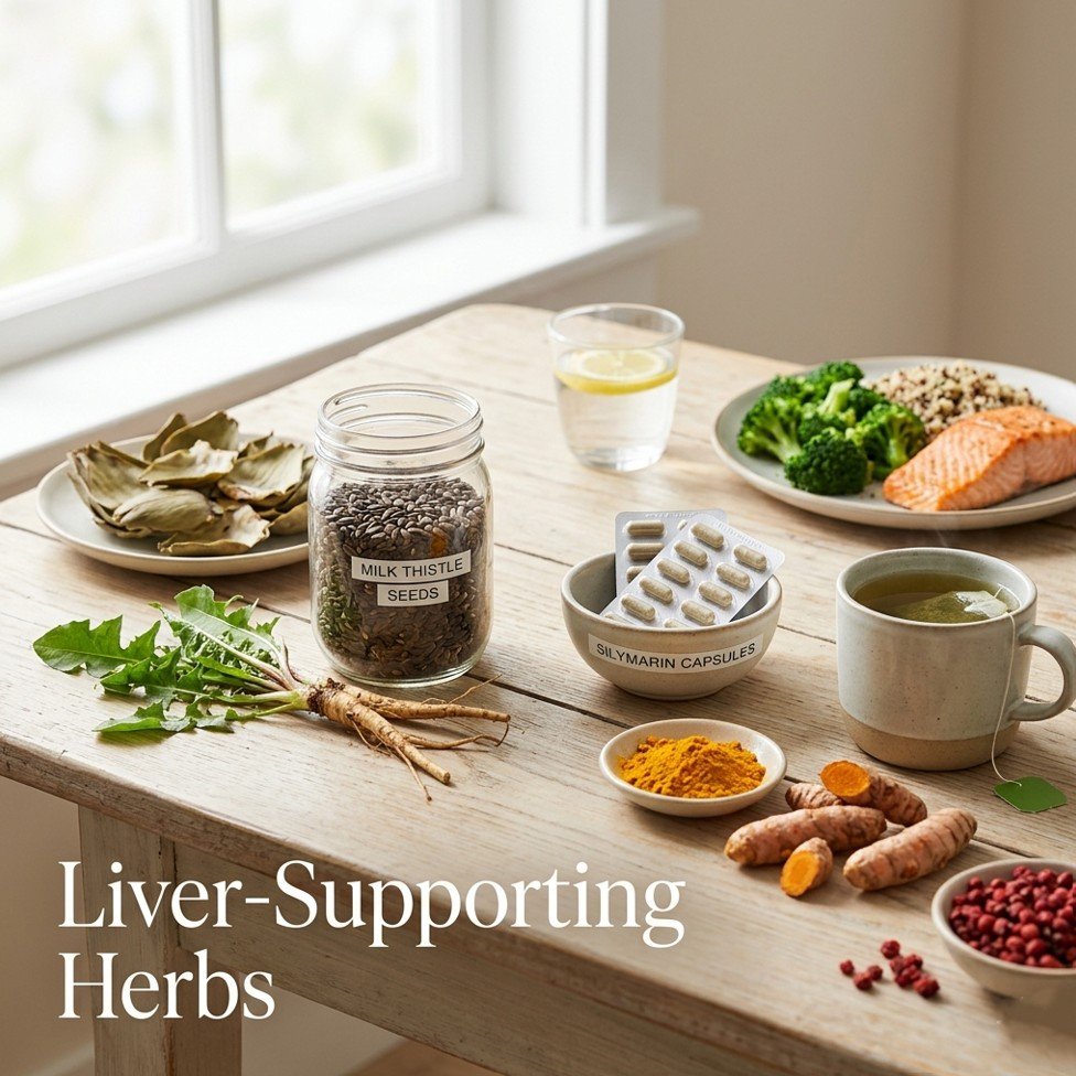 Milk thistle seeds and capsules, fresh dandelion root, turmeric powder, dried artichoke leaves, schisandra berries, and green tea on a wooden table — how to detox your liver naturally with herbs.