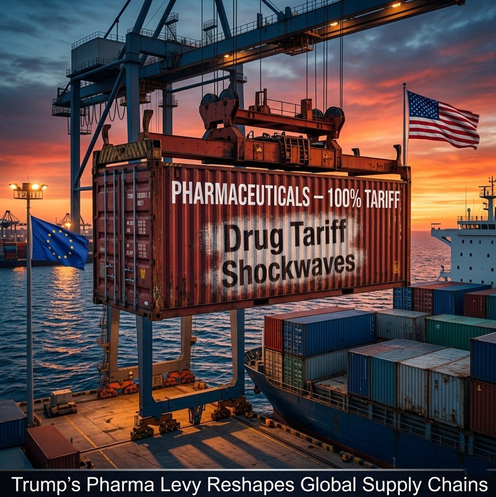 Pharmaceutical tariff announcement illustration showing cargo container with 100% tariff warning and global flags