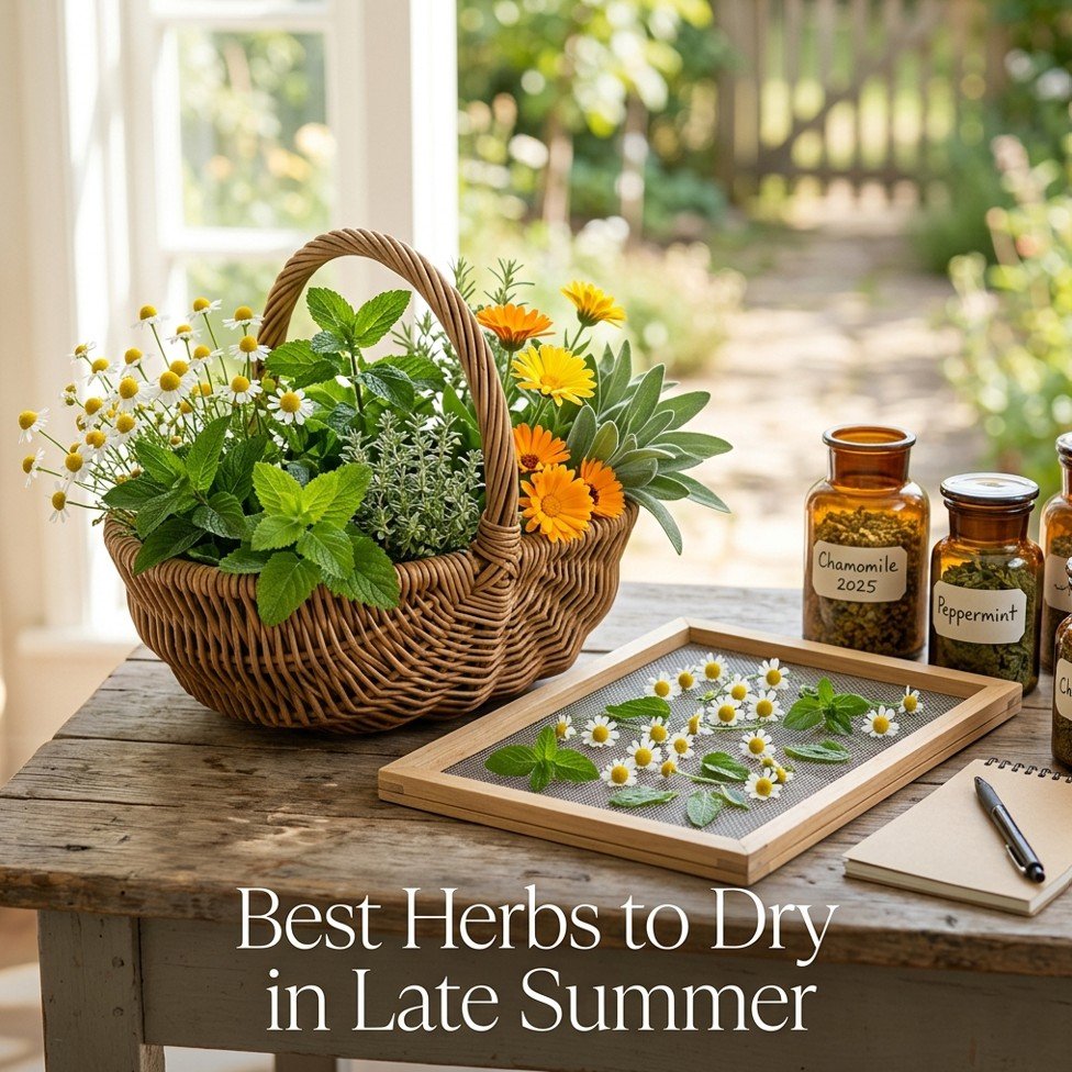 Freshly harvested chamomile, peppermint, lemon balm, thyme, sage, and calendula on a drying screen and in glass jars