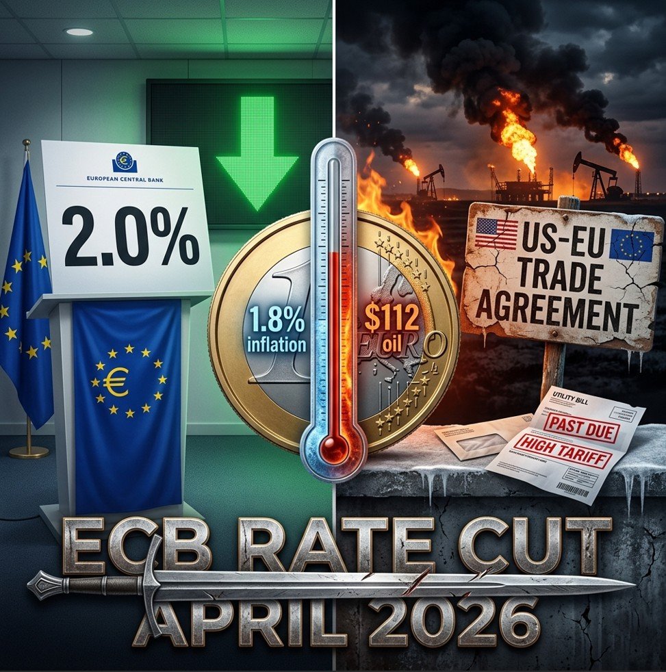 Split illustration of ECB rate cut decision vs oil shock and trade tensions, symbolising the ECB rate cut April 2026 gamble.