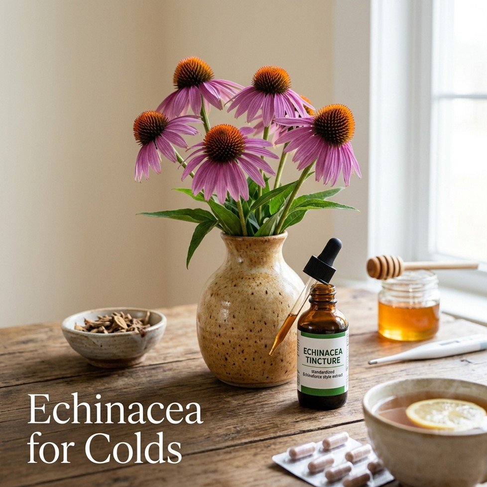 Fresh purple echinacea flowers, echinacea tincture bottle, dried root, echinacea tea, and capsules on a wooden table — echinacea does it really prevent colds.