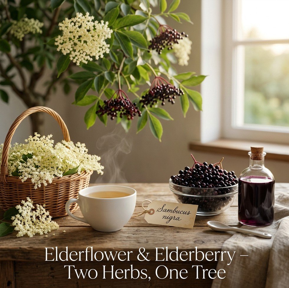 Fresh elderflowers, elderberry tea, fresh elderberries, and homemade elderberry syrup on a wooden table