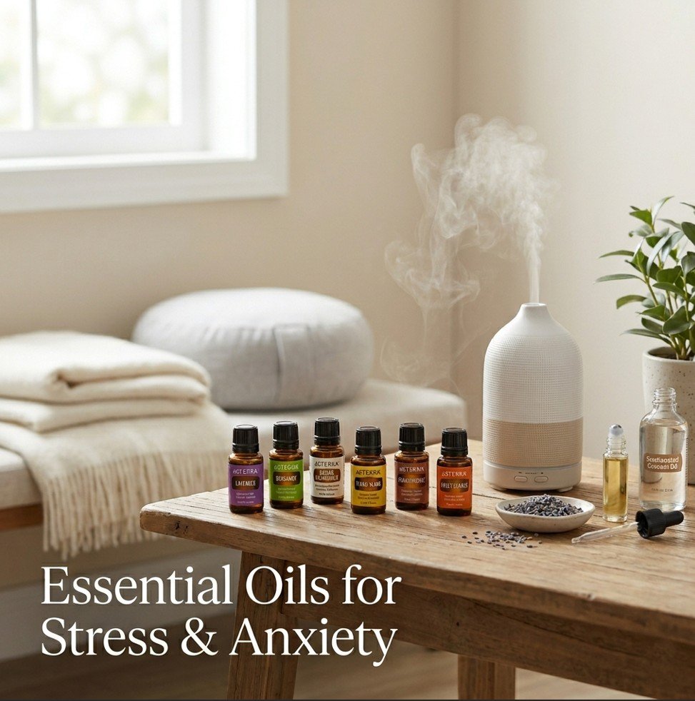 Amber glass bottles of lavender, bergamot, chamomile, ylang-ylang, frankincense, clary sage, and orange essential oils with a diffuser and dried lavender — essential oils that relieve stress and anxiety.