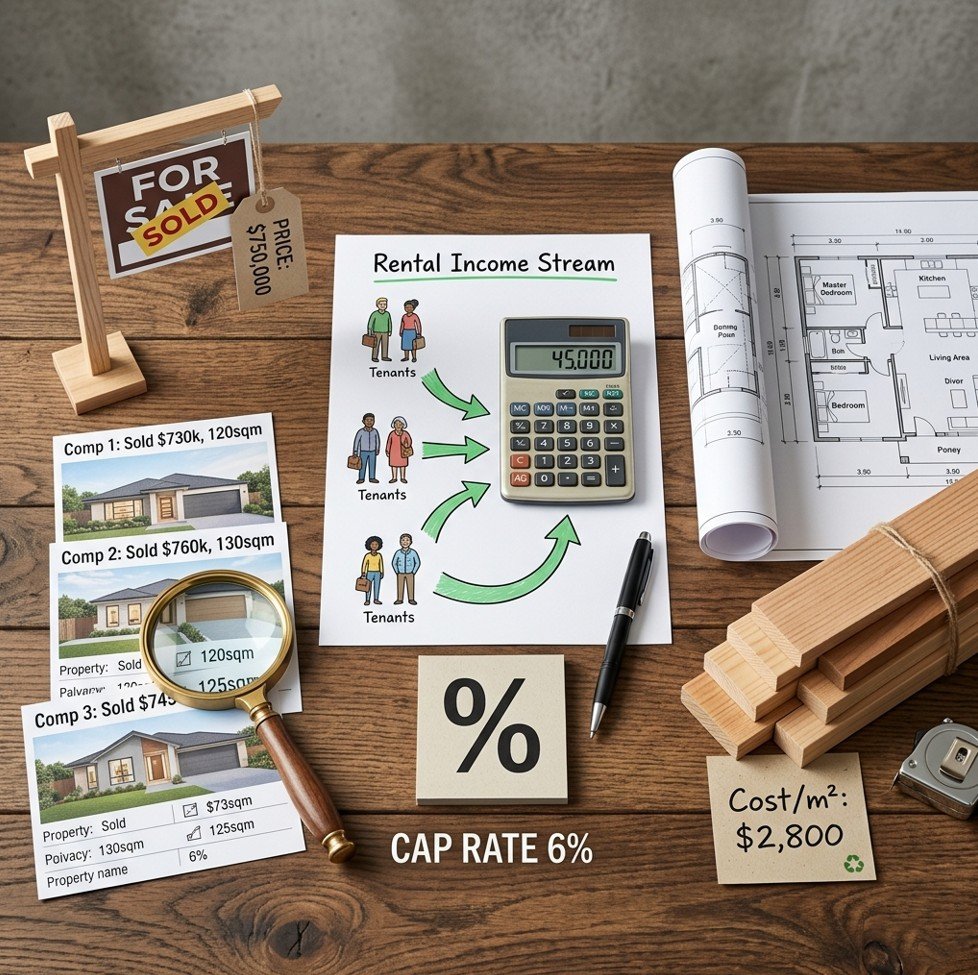 Desk with three valuation method columns illustrating how to estimate the real value of a property