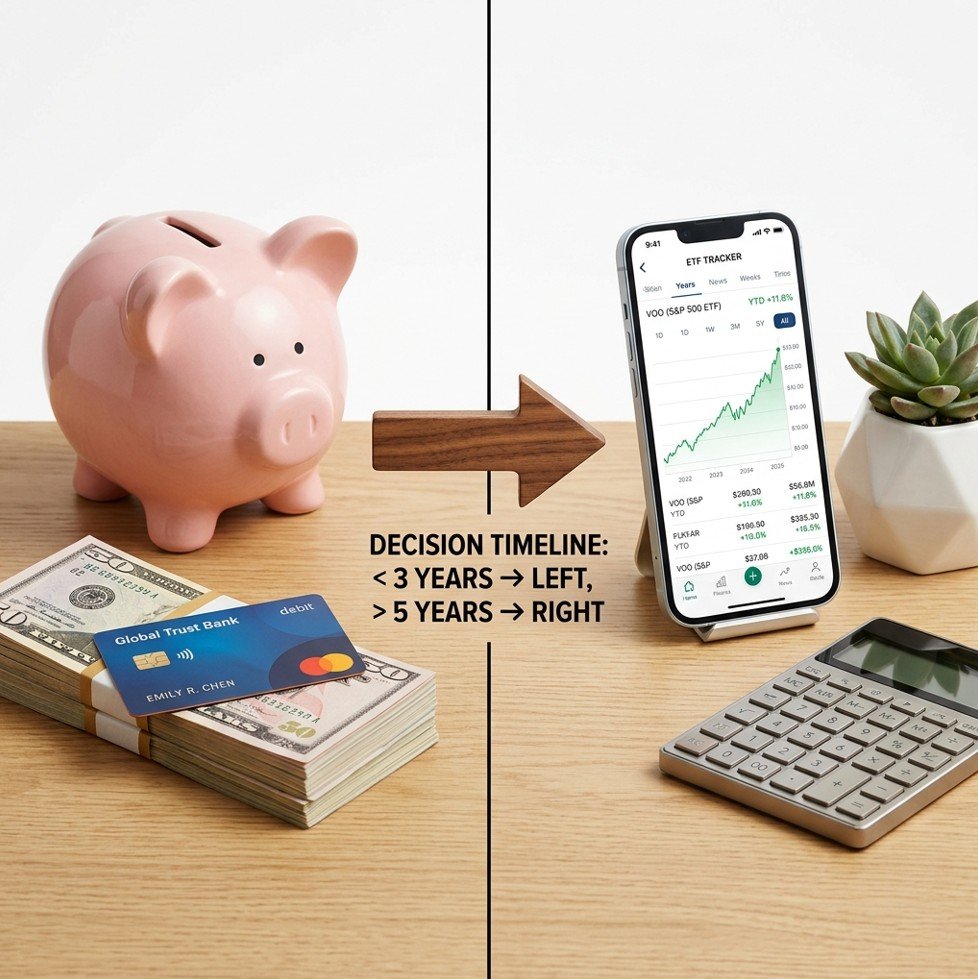 Split-screen comparison of piggy bank and ETF chart illustrating ETF vs savings account decision