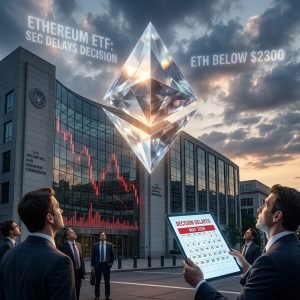 Ethereum logo as a semi-transparent diamond hovering over the SEC headquarters in Washington D.C., with a countdown calendar showing May 2026 and bearish red candlestick charts reflecting in the glass windows, symbolizing regulatory uncertainty for spot Ether ETFs.