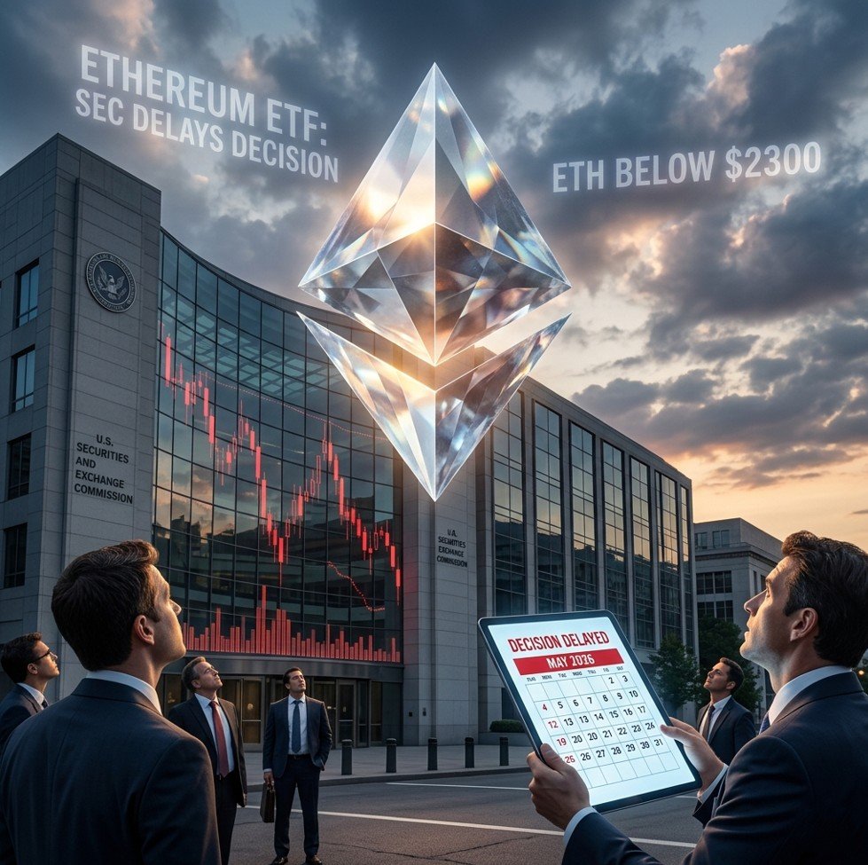 Ethereum logo as a semi-transparent diamond hovering over the SEC headquarters in Washington D.C., with a countdown calendar showing May 2026 and bearish red candlestick charts reflecting in the glass windows, symbolizing regulatory uncertainty for spot Ether ETFs.