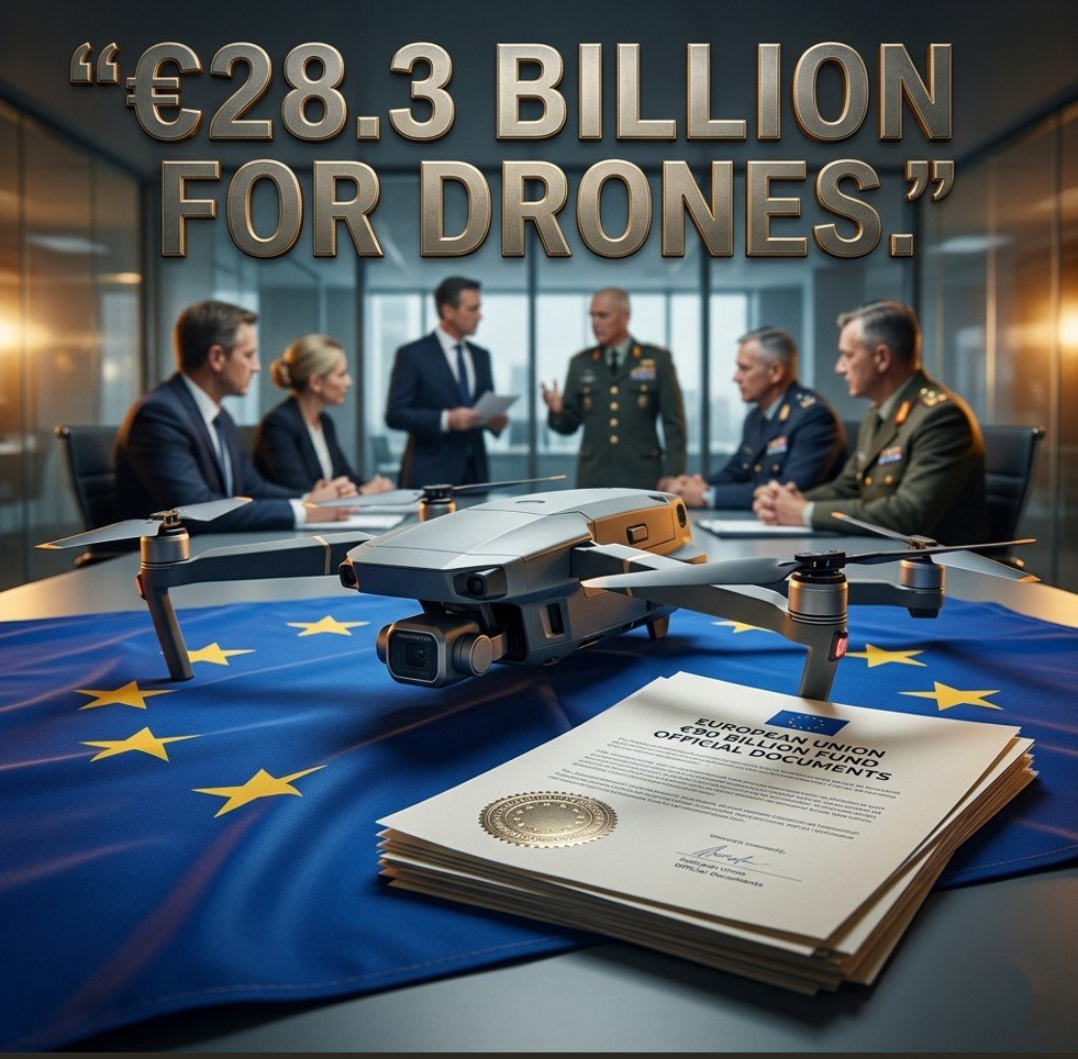 European Union flag, official documents, €90 billion seal, military drone, EU defense pivot