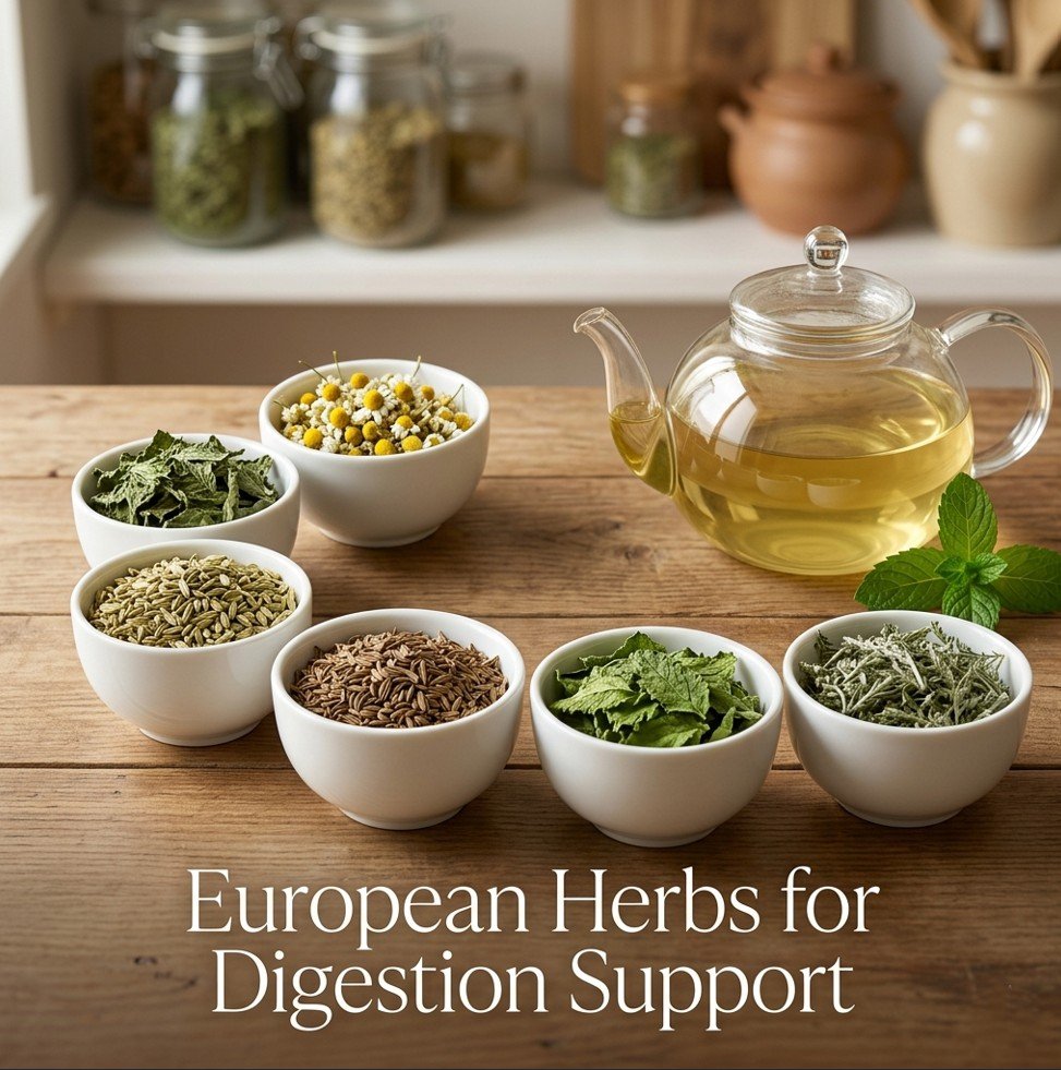 Dried European digestion support herbs including peppermint, chamomile, fennel, caraway, lemon balm, and yarrow on a wooden table