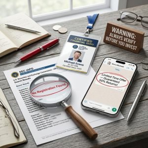 Fake credentials, scam message, and SEC database warning sign