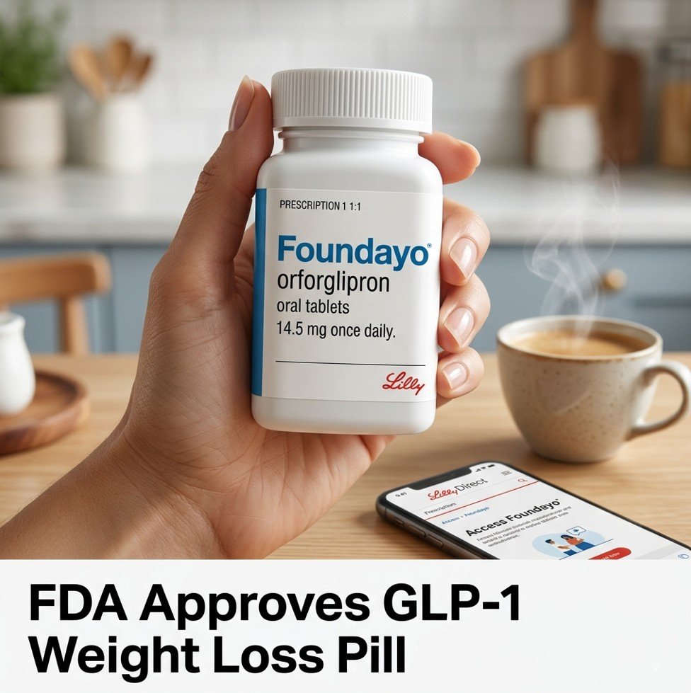 GLP-1 weight loss pill bottle Foundayo on a kitchen table