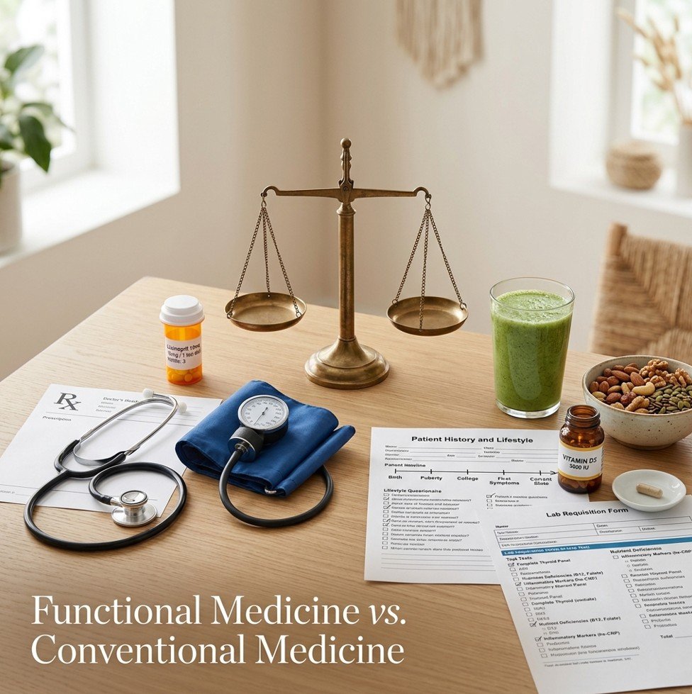 Wooden table with conventional medicine setup (prescription pad, stethoscope, pill bottle) and functional medicine setup (questionnaire, smoothie, nuts, supplements, lab form) — functional medicine vs conventional medicine differences.