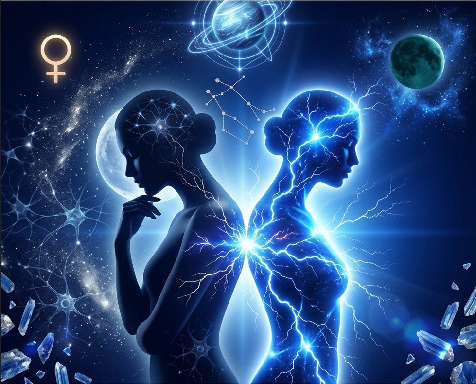 Gemini horoscope May 2026 — electric twin silhouettes, Uranus in Gemini, cobalt blue cosmic cover art