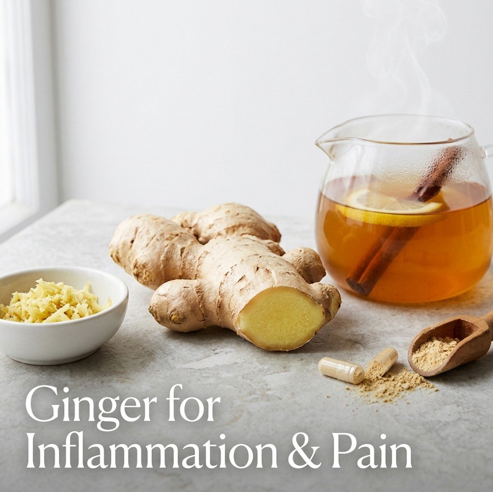 Fresh ginger root, ginger tea, grated ginger, and ginger capsules on a stone surface — ginger for inflammation and pain relief.