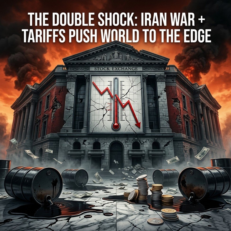 Global recession 2026 — dual shock of Iran war oil prices and Liberation Day tariffs hitting equity markets