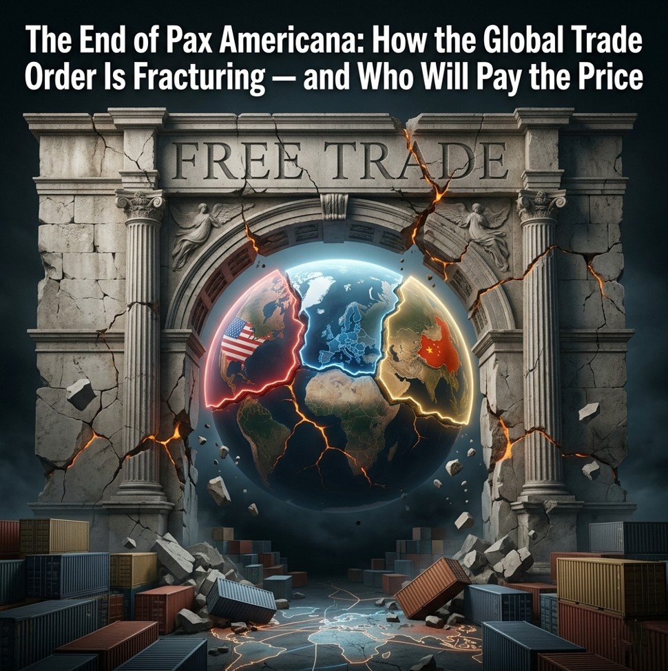 End of Pax Americana global trade order fracture 2026 — crumbling free trade arch geopolitics editorial illustration