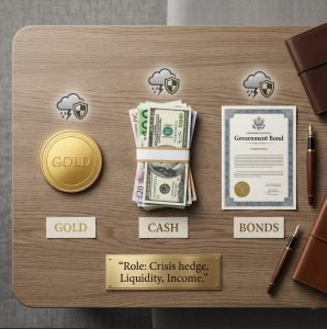 Gold coin, cash stack, and bond certificate illustrating gold, cash, or bonds for uncertain times