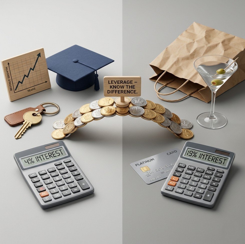 Split-screen good debt (house key, graduation cap) vs bad debt (credit card, shopping bag) comparison