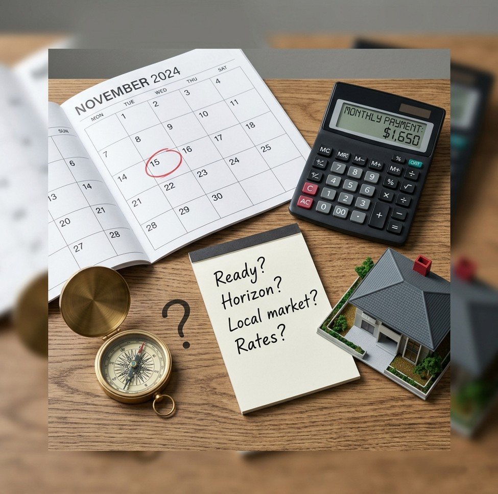 Desk with calendar, calculator, house model, and compass illustrating how to decide if it is a good time to buy property