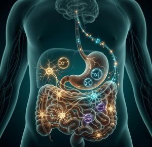 Gut brain axis neurons enteric nervous system neurotransmitter receptors scientific visualization