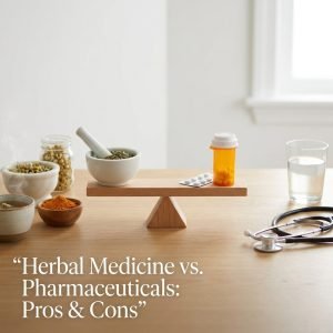 Split composition with mortar and pestle, turmeric, chamomile tea on left, and pill bottle, blister pack, stethoscope on right, with a scale in center — herbal medicine vs pharmaceutical drugs pros cons.