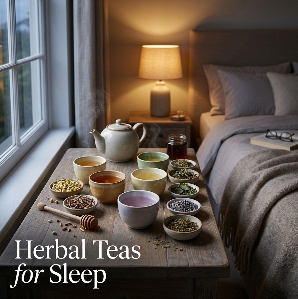 Six cups of herbal tea (chamomile, valerian, passionflower, lemon balm, lavender, tulsi) with dried herbs on a nightstand — herbal teas that help you sleep better.