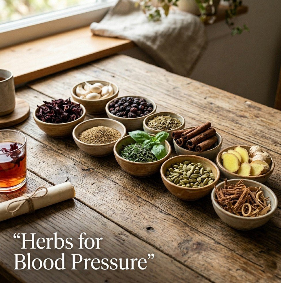 Ten different dried herbs for lowering blood pressure arranged in ceramic bowls on a wooden table, including hib pressure arranged in ceramic bowls on a wooden table, including hibiscus,iscus, garlic, hawthorn garlic, hawthorn, celery, celery seed, basil, seed, basil, cinnamon, cinnamon, cardamom, cardamom, cat’ cat’s claws claw, ginger, ginger, and, and olive leaf.