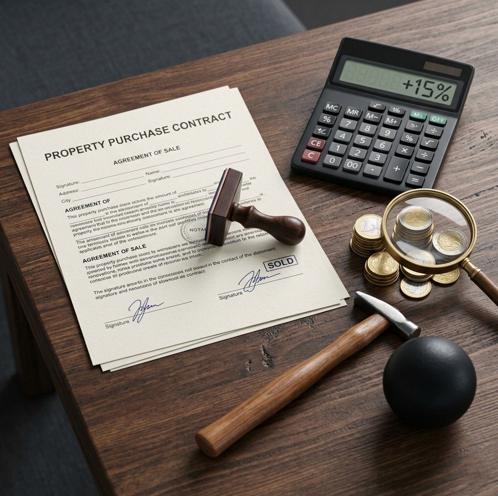 Contract, calculator, coins, and notary stamp illustrating hidden costs of buying property