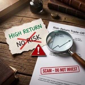 Torn paper with “HIGH RETURN NO RISK” crossed out