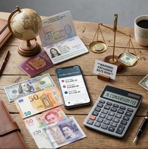 Foreign banknotes, passport, globe, and multi‑currency app illustrating foreign currency savings decision