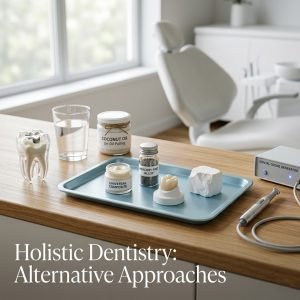 Dental tray with composite resin, ceramic crown, zirconia block, laser handpiece, ozone device, tooth model, and coconut oil — holistic dentistry alternative approaches to oral health.