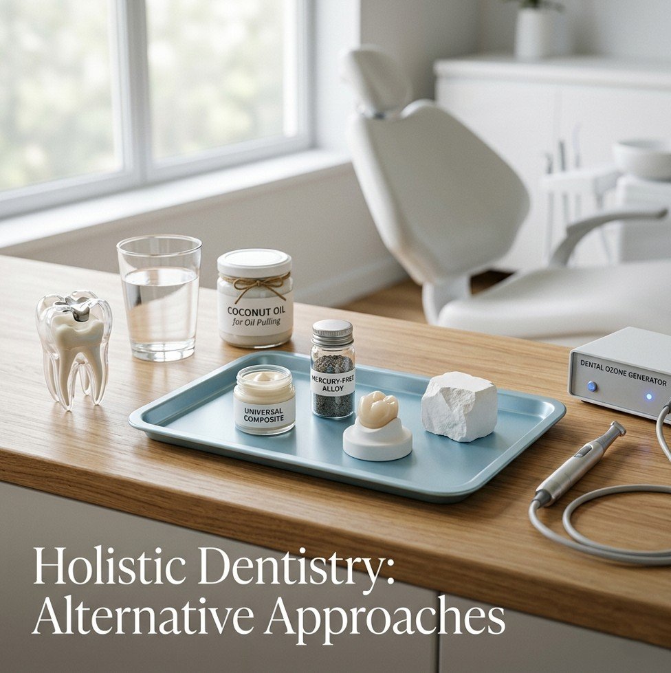 Dental tray with composite resin, ceramic crown, zirconia block, laser handpiece, ozone device, tooth model, and coconut oil — holistic dentistry alternative approaches to oral health.