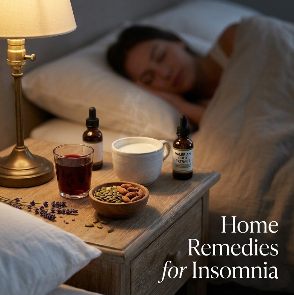 A nightstand with tart cherry juice, warm milk, nuts and seeds, valerian root extract, and lavender sprigs beside a bed — home remedies for insomnia.