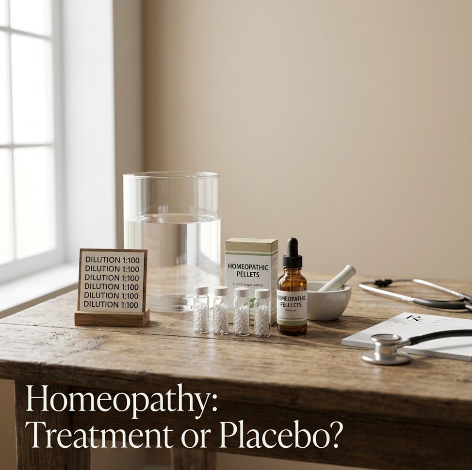 Homeopathic sugar pellets, tincture bottle, water container, and stethoscope on a wooden table — homeopathy real treatment or placebo evidence.