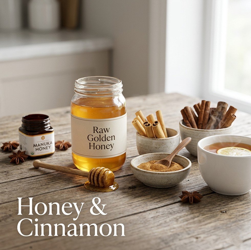Jar of raw honey, honey dipper, Ceylon and cassia cinnamon sticks, and honey-cinnamon tea on a wooden table — honey and cinnamon ancient remedy or modern myth.