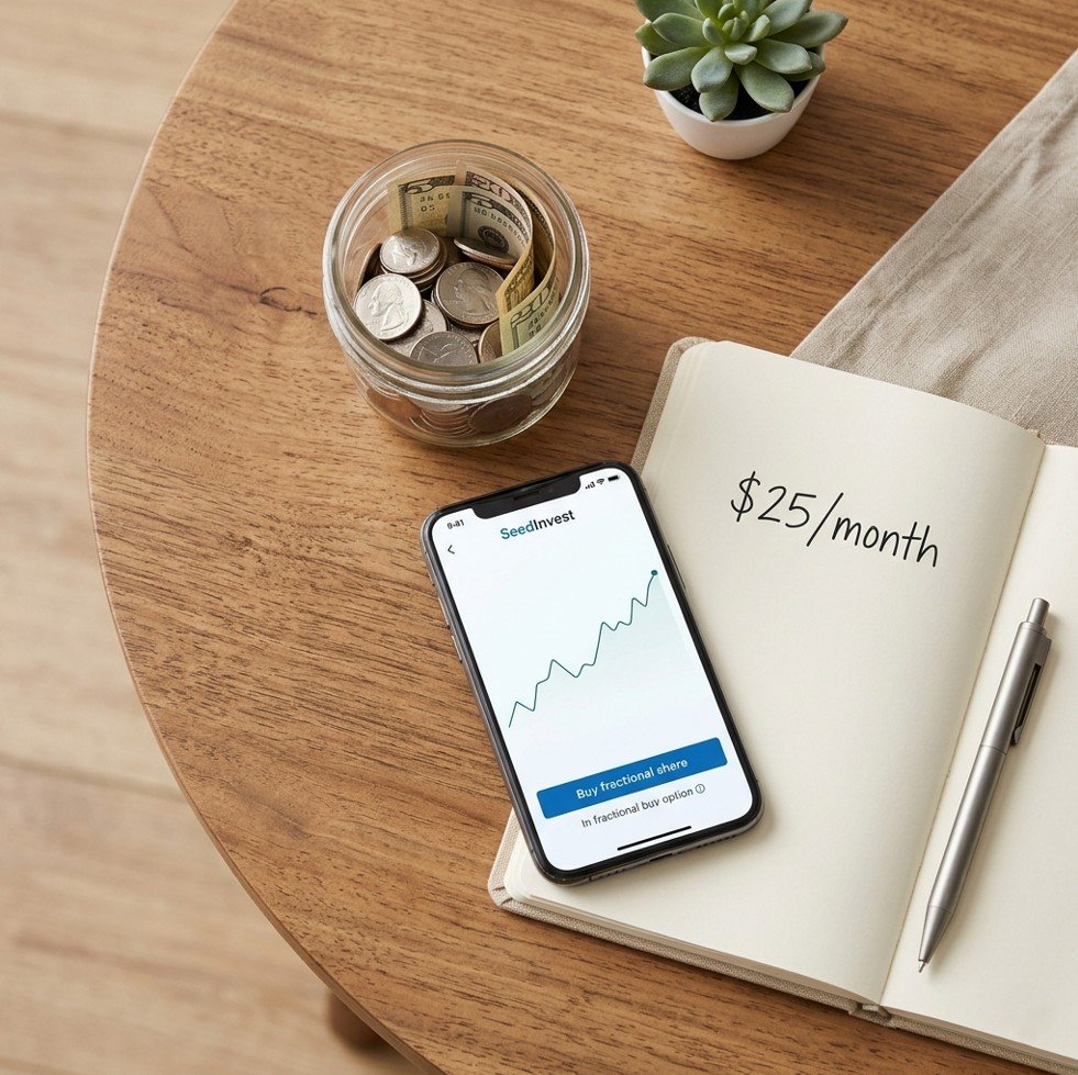 Small amount of cash and smartphone showing fractional share investing, illustrating how much money to start investing