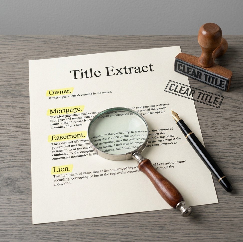 Land registry document with magnifying glass illustrating how to read a property title