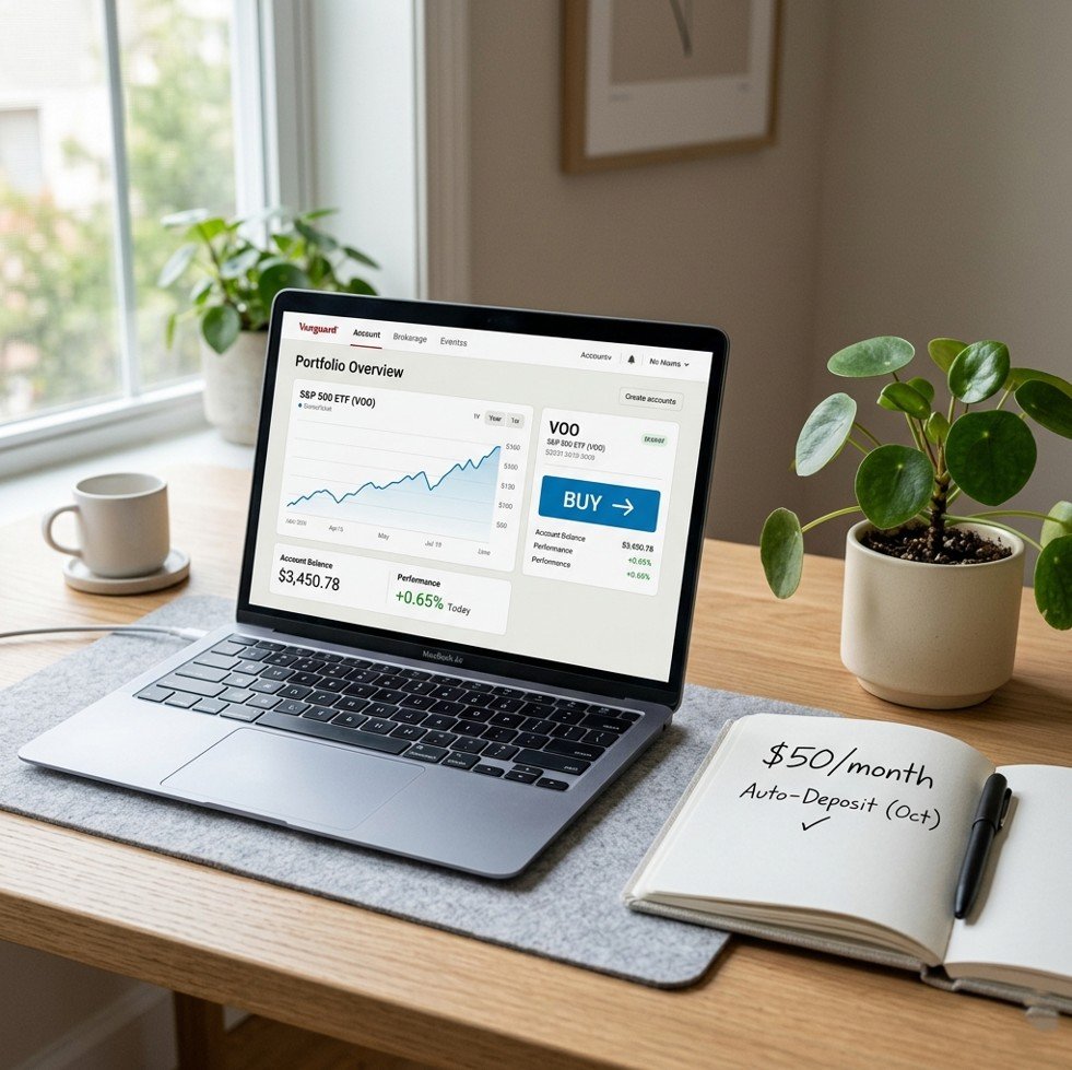 Beginner investor workspace with laptop and notebook showing how to start investing from scratch
