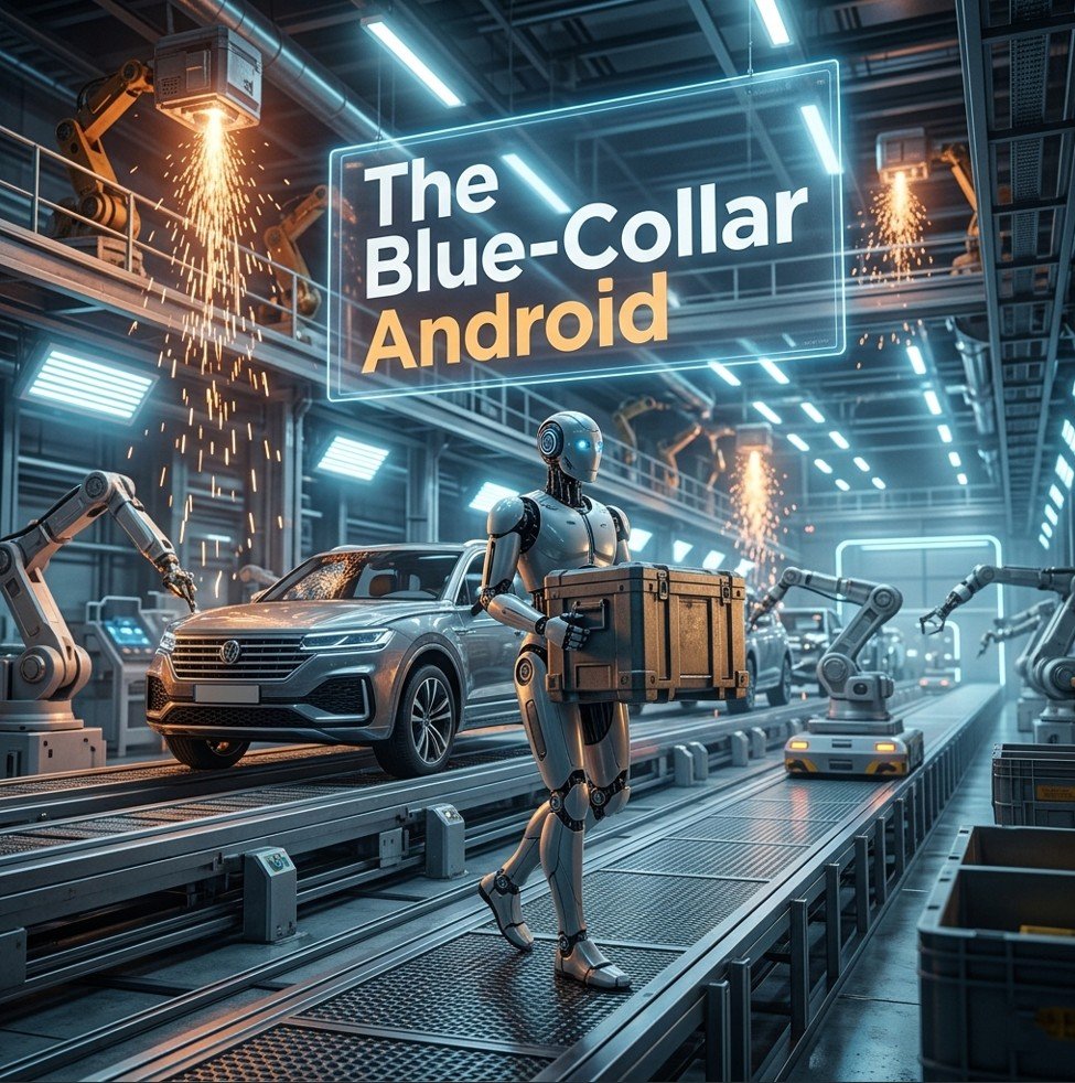 Humanoid robots factory 2026 deployment at an automotive assembly line with a bipedal android carrying parts.