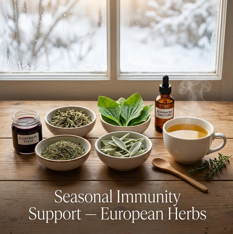 Elderberry syrup, dried thyme, dried sage, fresh plantain leaves, and echinacea tincture for seasonal immunity support