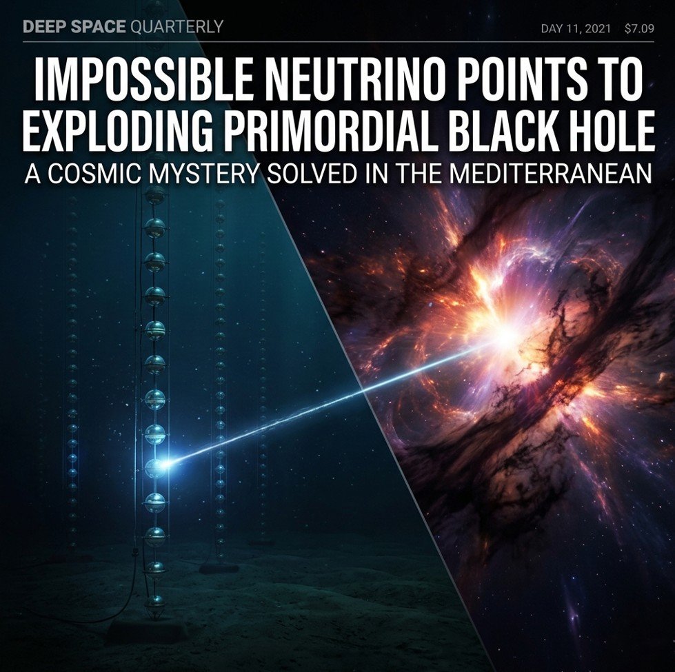 Conceptual illustration of an exploding primordial black hole neutrino detected by the KM3NeT underwater telescope.
