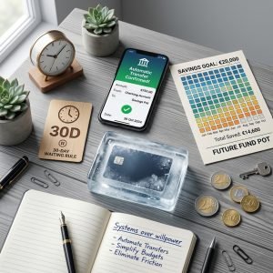 Smartphone, frozen credit card, savings chart illustrating how to improve financial discipline
