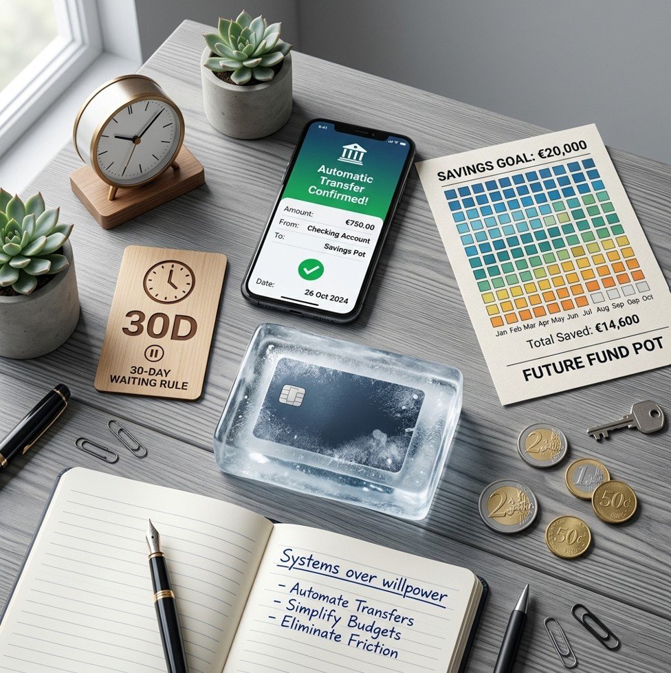 Smartphone, frozen credit card, savings chart illustrating how to improve financial discipline