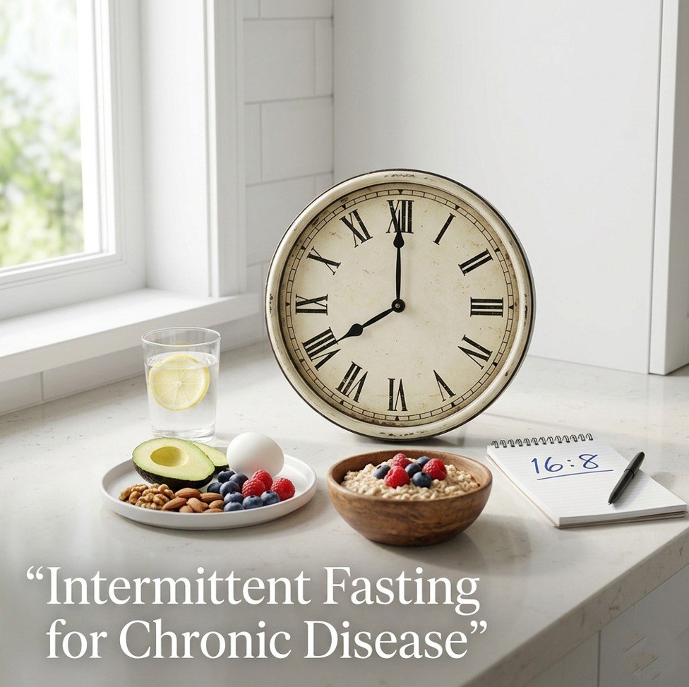 Vintage clock showing 8-hour eating window, glass of water, plate of whole foods, and oatmeal with berries — intermittent fasting as alternative therapy for chronic disease.