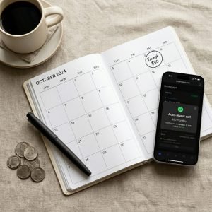 Calendar and smartphone showing automated monthly investment setup