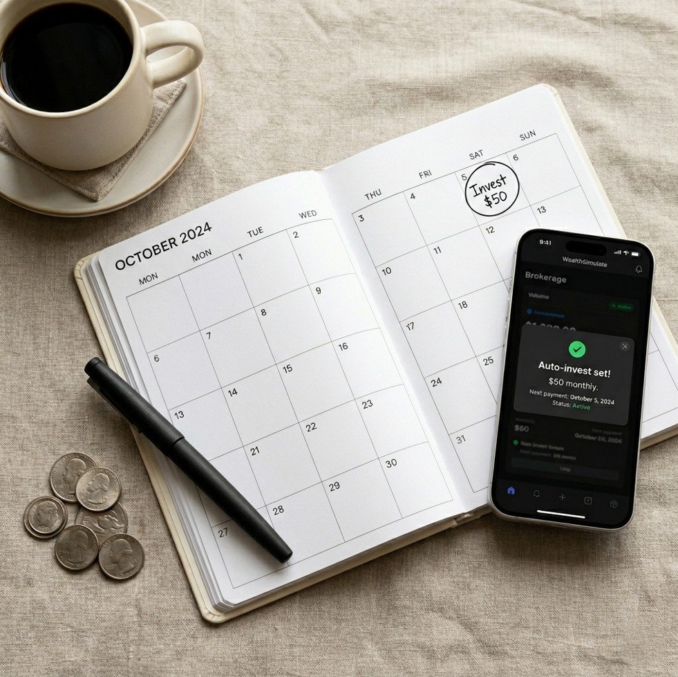 Calendar and smartphone showing automated monthly investment setup