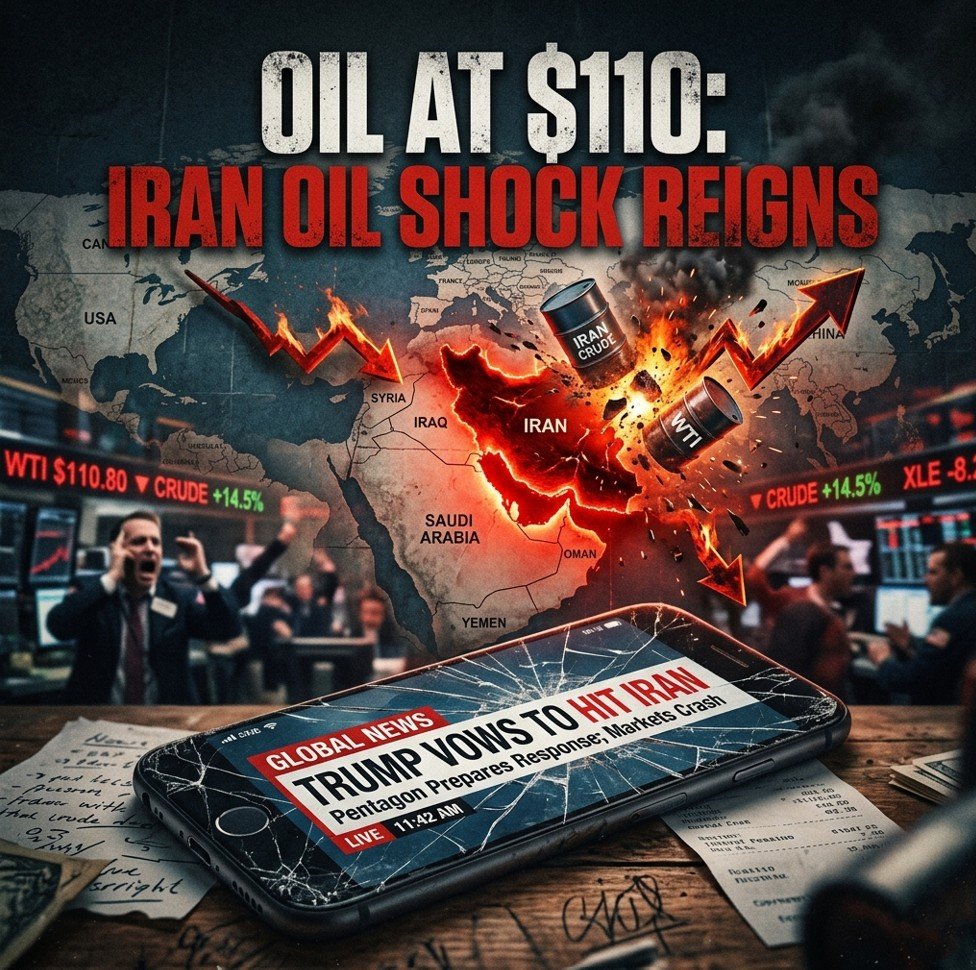 Oil barrels and stock market arrows colliding, Iran oil shock map