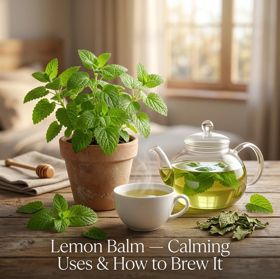 Fresh lemon balm plant, lemon balm tea in glass teapot and cup, scattered leaves on wooden table